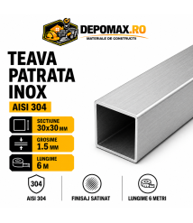 Teava patrata inox satinata AISI 304, 30 x 30 x 1.5 mm, 6 metri